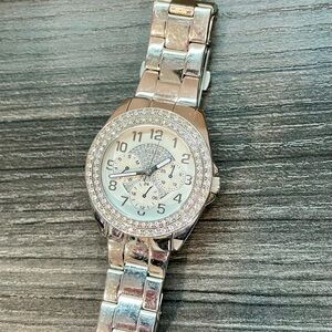 Guess Silver Crystal Watch with Metal Link Band